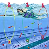 23PCS Pool Toys Games-3 Diving Through Swim Rings for Kids 3,4,5,6,7,8,9,10,11,12 Adults+Dive Torpedoes&Gems,Accessories with Flamingo Buoys&Sandbags,Underwater Training Water Swimming Sport Gifts