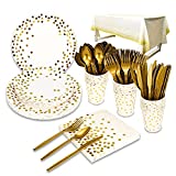 176 Pieces Gold Disposable Party Dinnerware Set &Golden Dot Disposable Party Dinnerware – Black Paper Plates Napkins Cups, Gold Plastic Forks Knives Spoons (25 Guests,176 Pieces)