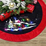 S-DEAL Christmas Tree Skirt with Light, 48 Inches Soft Tree Skirt with Red Border Trim for Holiday Party Decorations