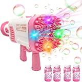 Bazooka Bubble Gun 64 Holes, Bubble Maker with 4 Bubble Solution Bazooka Bubble Machine with Light Large Bubble Blower for Kids, for Kids Toy Party and Wedding (Pink)