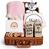 Baby Shower Gifts, Baby Girl Gifts Basket, Unique Baby Gift Essential Stuff Set – Baby Lovey Blanket New Born Bibs Socks Wooden Rattle & Greeting Card, Newborn Baby Gift Set (Fox, Pink)