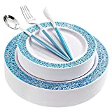 WELLIFE 120 PCS Blue Plastic Plates, Disposable Silver Cutlery with Blue Handle, Blue Plastic Dinnerware set, Includes: 24 Dinner Plates 10.25”, 24 Dessert Plates 7.5”, 24 Blue Cutlery For Fathers Day