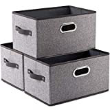 PRANDOM Large Foldable Storage Bins for Shelves [3-Pack] Decorative Linen Fabric Storage Baskets Cubes with Leather/Metal Handles for Closet Nursery Office Grey and Black Trim (14.9×9.8×8.3 Inch)