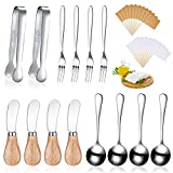 14 Pieces Cheese Butter Spreader Knives Set Charcuterie Accessories Stainless Steel Spreader Knives with Wooden Handles Charcuterie Boards Utensils Mini Serving Tongs Spoons and Forks(Yellow)