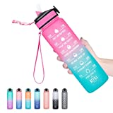 Hyeta 32 oz Water Bottles with Times to Drink and Straw, Motivational Water Bottle with Time Marker, Leakproof & BPA Free, Drinking Sports Water Bottle for Fitness, Gym & Outdoor, Pink-Green