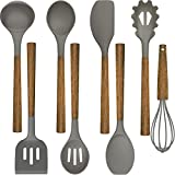 Umite Chef Silicone Cooking Utensil Set, 8-Piece Kitchen Utensils Set with Natural Acacia Wooden Handles,Food-Grade Silicone Heads-Silicone Kitchen Gadgets and Spatula Set for Nonstick Cookware – Grey