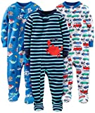 Simple Joys by Carter’s Toddler Boys’ Snug-Fit Footed Cotton Pajamas, Pack of 3, Blue/Teal Blue/White, Cars/Crab, 3T