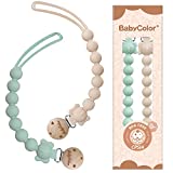 Silicone Pacifier Clip, One Piece Pacifier Clip Holder for Baby Boys Girls, 2 Pack Flexible Pacifier Clips, Wooden Clips Design, Soother Binky Teething Ring Pacifier Clip Holder (Sage Green+Beige)