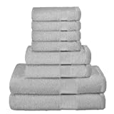 Elvana Home 8 Piece Towel Set 100% Ring Spun Cotton, 2 Bath Towels 27×54, 2 Hand Towels 16×28 and 4 Washcloths 13×13 – Ultra Soft Highly Absorbent Machine Washable Hotel Spa Quality – Light Grey