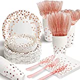 175 Pcs White Rose Gold Plates And Napkins Party Supplies, Serves 25 Rose Gold Party Decorations Paper Plates Napkins Cups Plastic Forks Knives Spoons For Birthday Baby Bridal Shower Wedding Party