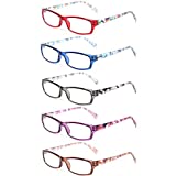 Reading Glasses 5 Pairs Fashion Ladies Readers Spring Hinge with Pattern Print Eyeglasses for Women (5 Pack Mix Color, 1.75)