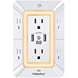 Surge Protector, POWRUI 3-Sided Power Strip 6-Outlet Extender with 3 USB Ports (1 USB C) and Night Light, USB Wall Charger and Adapter Spaced Outlets, White, ETL Listed