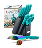 Kitchen Knife Set DISHWASHER SAFE KYA27 Rainbow Titanium Cutlery Knife Set, Marco Almond® 14PC Kitchen Knife set with Block, Teal