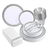 210 Pieces Plastic Dinnerware, Silver Disposable Plates, Includes: 30 Dinner Plates 30 Dessert Plates &30 Cups &30 Linen Like Silver Paper Napkins & 30 Plastic Silverware Set, Plastic Dinner Plates