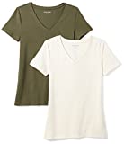 Amazon Essentials Women’s Classic-Fit Short-Sleeve V-Neck T-Shirt, Pack of 2, Olive/Oatmeal Heather, Medium