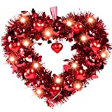 14.6” Valentine’s Day Heart Wreath with Lights, Glowing Gifts Red Heart Ornament Wreath, Battery Powered, for Valentine’s Day Wedding Engagement Anniversary Birthday Front Door Window Home Decor