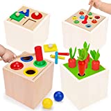 AugToy 4 in 1 Wooden Montessori Toys – Pound A Ball Carrot Harvest Catch Insect Shape Puzzles – Early Development Toys for Babies Fine Motor Skills Toys for Toddler Boy Girl Baby Gifts