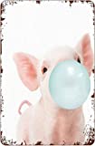 Baby Pig Blowing Teal Bubble Gum Metal Tin Sign Novelty Coffee Bar Halloween Christmas Wall Poster 8×12 Inch