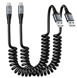 iPhone Charger Cable 6FT for Car, Coiled Lightning Cable [Apple MFi Certified] 2 Pack 6 Feet Lightning Cord Compatible with iPhone14 13/12/11 Pro Max/XS MAX/XR/XS/X/8/7/Plus/6S iPad/iPod – Black