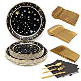 Lovelyduo 180PCS Black and Gold Party Supplies Serves 30 Guests Disposable Plates for Party Gold Plastic Forks Knives Spoons Gold Paper Plates Black Star Dinner Plates for Graduation Birthday Wedding