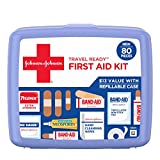 Johnson & Johnson Travel Ready Portable Emergency First Aid Kit for Minor Wound Care with Assorted Adhesive Bandages, Gauze Pads & More, Ideal for Travel, Car & On-The-Go, 80 pc