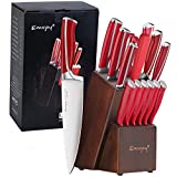 Knife Set, Emojoy 15 Piece Kitchen Knife Set with Block Wooden, German Stainless Steel Sharp Chef Knife Set with Sharpener, dishwasher safe and rust proof, Red