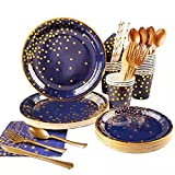 ZUIFUGUI 200PCS Blue Paper Plates Party Supplies Gold and Navy Blue Party Plates Napkins Cups Sets and Plastic Utensils for Bridal Shower Birthday Gender Reveal Party Decorations