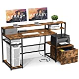 AYEASY Home Office Desk with Monitor Stand Shelf, 66 inch Large Computer Desk with Power Outlet and USB Charging Port, Computer Table with Storage Shelves and Drawer, Study Work Desk, Rustic Brown
