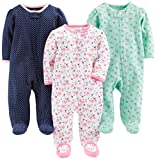 Simple Joys by Carter’s Baby Girls’ Cotton Footed Sleep and Play, Pack of 3, Pink/Blue/Navy, Floral/Dots, 3-6 Months