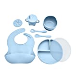 Roeko Baby Led Weaning Supplies – 6-Piece Baby Feeding Set – Suction Plates for Baby – Sippy Cup with Straw – Silicone Bibs for Babies – 6 Month Old Baby Essentials – Baby Products (Powder Blue)