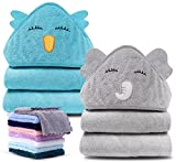 Cute Castle 2 Pack Bamboo Hooded Baby Towel 8 Washcloths – Soft Bath Towel for Bathtub for Newborn, Infant – Ultra Absorbent, Natural Baby Stuff for Boy and Girl (Lovely Elephant, Happy Bird)