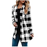 Plaid Shacket Womens Fall Jackets Open Front Lightweight Cardigan Long Sleeve Casual Shirts Trendy Tops for Women White