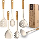 Large Silicone Cooking Utensils – Heat Resistant Kitchen Utensil Set with Wooden Handles, Spatula,Turner, Slotted Spoon, Pasta server, Kitchen Gadgets Tools Sets for Non-Stick Cookware (Khaki)