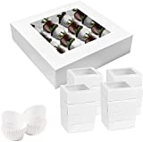 HS Deals 10 x 10 x 2.5 Inch 16 Strawberry Boxes with Separators Addition to 100 Candy Wrappers, Bakery Boxes with Window, Dessert, Muffins, Cupcakes and Cookies Packed in Pie Box for Viewing