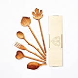 Natural Wooden Spoons and Forks Set (Set of 6), Salad Tongs for Serving, Small Scoops for Canisters, Cooking Kitchen Utensils Gifts for Moms, Grandma Housewarming Gifts