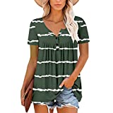 Women Tunic Tops to Wear with Leggings 2022 Summer Casual Dressy Blouses Short Sleeve Lace Neck Flowy Hide Belly Cute Shirts, Green Striped, XX-Large