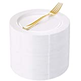 WELLIFE 200 Pieces White Plastic Dessert Plates with Gold Disposable Forks, Premium Hard Plastic Dessert Plates 7.5”, Appetizer Plastic Plates for Wedding and Party