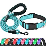 Ladoogo Reflective Dog Collar Padded with Soft Neoprene Breathable Adjustable Nylon Dog Collars for Small Medium Large Dogs (Collar+Leash S Neck 12″-16″, Blue)