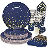 Blue and Gold Party Decorations, Navy Blue Paper plates and Napkins Party Supplies for Blue Party Favors Birthday Supplies, Serve 25 Guests