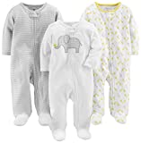 Simple Joys by Carter’s Unisex Babies’ Cotton Footed Sleep and Play, Pack of 3, Elephant/Stripe/Giraffe, Newborn