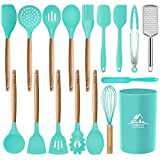 MIBOTE 17 Pcs Silicone Cooking Kitchen Utensils Set with Holder, Wooden Handles Cooking Tool BPA Free Turner Tongs Spatula Spoon Kitchen Gadgets Set for Nonstick Cookware (Teal)