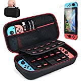 Younik Switch Carrying Case with 2 Pack Screen Protector, Switch Travel Case with Protective Hard Shell for NS Switch Console & Accessories Holds 19 Game Cartridge, Black