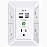 USB Wall Charger，LVETEK Surge Protector 5 Outlet Extender with 4 USB Ports (1 USB C Outlet) 3 Sided 1680J Power Strip Multi Plug Outlets Wall Adapter Spaced for Home Travel Office ETL Listed