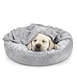 JOEJOY Small Dog Bed Cat Bed with Hooded Blanket, Cozy Cuddler Luxury Orthopedic Puppy Pet Bed, Donut Round Calming Anti-Anxiety Dog Burrow Cave Bed – Anti-Slip Bottom and Machine Washable 23 inch
