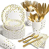 AIRE 350PCS White and Gold Party Supplies, Severs 50 Disposable Party Dinnerware, Gold Plastic Forks Knives Spoons and Golden Dot Paper Plates, white Napkins Cups for Engagement Wedding Bachelorette