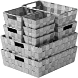 Woven Storage Baskets For Organizing – Set Of 9 Fabric Empty Organizer Bins With Handles – Great Bin For Organization, Linen Closet Shelves & Bathroom Basket. Empty Baskets For Gifts – (Dark Grey)