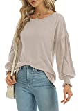 Funlingo Womens Long Lantern Sleeve Shirts Casual Tops Crewneck Ruffle Smocked Cuffs Loose Blouse Beige Large