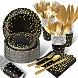 350PCS Black and Gold Party Supplies, Severs 50 Disposable Party Dinnerware, Gold Plastic Forks Knives Spoons and Golden Dot Paper Plates, Black Napkins Cups for Graduation, Birthday, Wedding