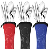 Arroyner 3 Pack Reusable Flatware Sets Knife, Fork, Spoon, Chopsticks, 12Pcs Portable Travel Stainless Steel Tableware Dinnerware with Carrying Case