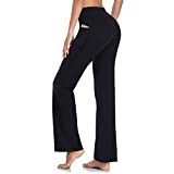 HISKYWIN Side Pockets Yoga Pants 4 Way Stretch Tummy Control Workout Running Pants, Long Bootleg Flare Pants HF201-Black-L